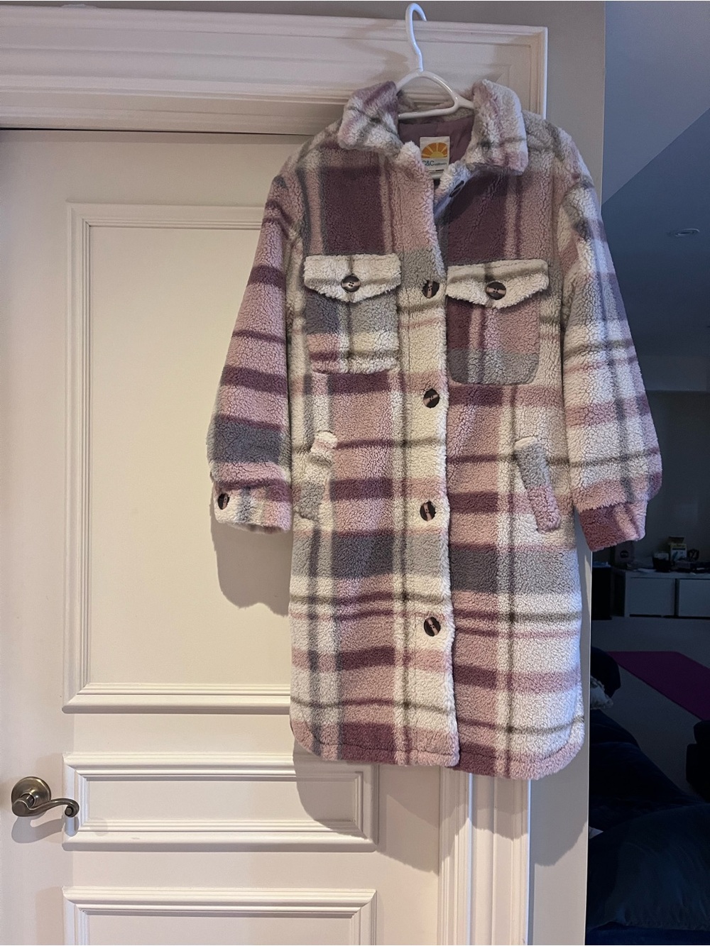 Plaid Sherpa Button-Up Coat in Mauve and Cream